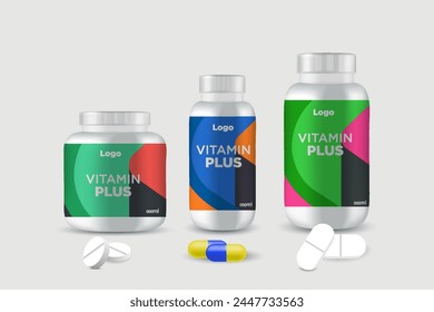 Multi vitamin label sticker design and natural calcium food supplement bottle packaging, capsule or tablet bottle jar label vitamin oil product print ready vector eps 10.