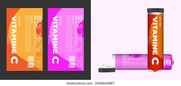 Multi vitamin label sticker design and natural calcium food supplement banner packaging, capsule or tablet bottle jar label vitamin oil product print ready vector modern box with mockup.