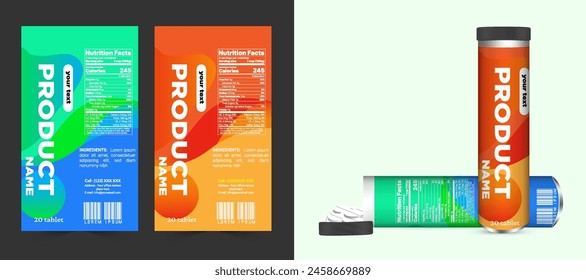 Multi vitamin label sticker design and natural calcium food supplement banner packaging, capsule or tablet bottle jar label vitamin oil product print ready vector modern box with mockup.