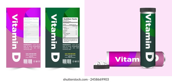 Multi vitamin label sticker design and natural calcium food supplement banner packaging, capsule or tablet bottle jar label vitamin oil product print ready vector modern box with mockup.