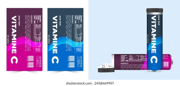 Multi vitamin label sticker design and natural calcium food supplement banner packaging, capsule or tablet bottle jar label vitamin oil product print ready vector modern box with mockup.