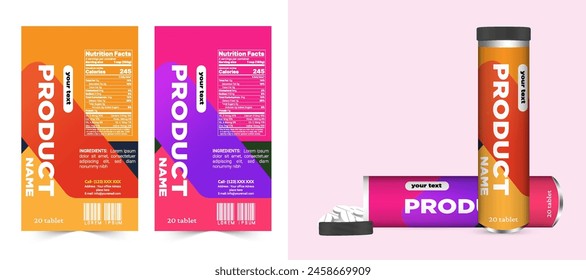 Multi vitamin label sticker design and natural calcium food supplement banner packaging, capsule or tablet bottle jar label vitamin oil product print ready vector modern box with mockup.