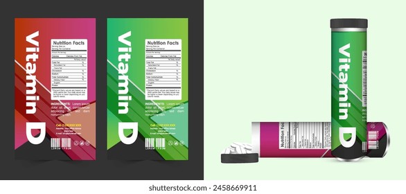 Diseño de etiqueta engomada multivitamínica y suplemento alimenticio de calcio natural envasado de Anuncio, cápsula o botella de tableta etiqueta de frasco de aceite de vitamina impresión de producto de Vector listo caja moderna con maqueta.