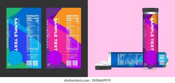 Multi vitamin label sticker design and natural calcium food supplement banner packaging, capsule or tablet bottle jar label vitamin oil product print ready vector modern box with mockup.