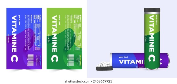 Multi vitamin label sticker design and natural calcium food supplement banner packaging, capsule or tablet bottle jar label vitamin oil product print ready vector modern box with mockup.