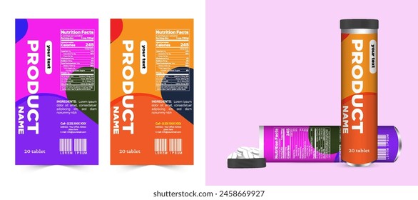 Multi vitamin label sticker design and natural calcium food supplement banner packaging, capsule or tablet bottle jar label vitamin oil product print ready vector modern box with mockup.