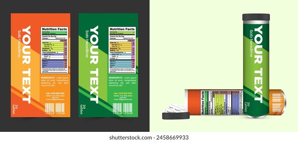 Multi vitamin label sticker design and natural calcium food supplement banner packaging, capsule or tablet bottle jar label vitamin oil product print ready vector modern box with mockup.