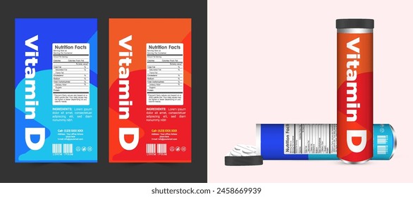 Multi vitamin label sticker design and natural calcium food supplement banner packaging, capsule or tablet bottle jar label vitamin oil product print ready vector modern box with mockup.