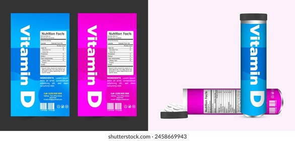 Multi vitamin label sticker design and natural calcium food supplement banner packaging, capsule or tablet bottle jar label vitamin oil product print ready vector modern box with mockup.