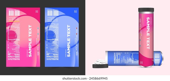 Multi-Vitamin-Etikett-Aufkleber-Design und natürliche Kalzium-Nahrungsergänzungsmittel-Banner-Verpackung, Kapsel oder Tablettenflasche Glas-Etikett Vitaminöl-Produkt druckfertige Vektorgrafik moderne Box mit Mockup.