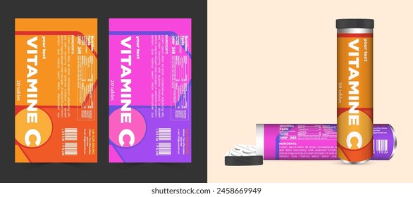 Multi vitamin label sticker design and natural calcium food supplement banner packaging, capsule or tablet bottle jar label vitamin oil product print ready vector modern box with mockup.