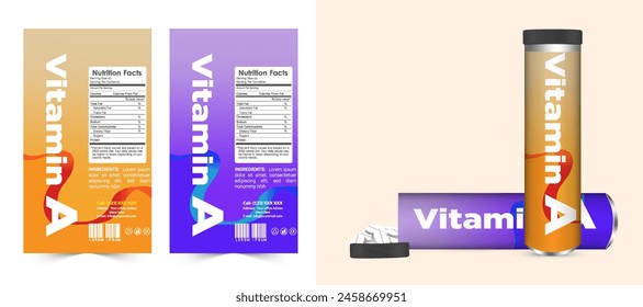Multi vitamin label sticker design and natural calcium food supplement banner packaging, capsule or tablet bottle jar label vitamin oil product print ready vector modern box with mockup.