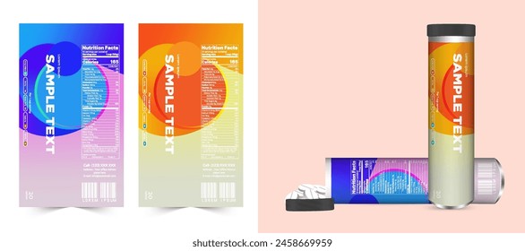 Multi vitamin label sticker design and natural calcium food supplement banner packaging, capsule or tablet bottle jar label vitamin oil product print ready vector modern box with mockup.