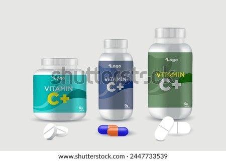 Multi vitamin label sticker design and natural calcium food supplement bottle packaging, capsule or tablet bottle jar label vitamin oil product print ready vector eps 10.