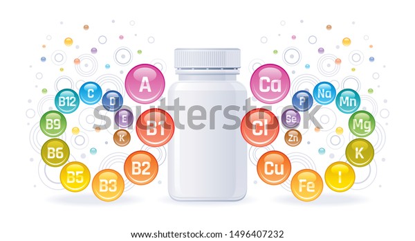 Multi vitamin mineral complex supplement. 3d\
Empty pill bottle mock up. Vitamin a b c d e k. Mineral calcium\
iron zinc selenium iodine magnesium. Trendy health multivitamin\
complex vector\
illustration