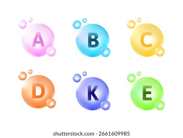 Ícone molecular multi-vitamin definido para suplemento de cuidados de saúde, farmácia médica nutricional. 3D medicina esfera líquida incluindo vitamina C, A, D, E, K bolha para o tratamento de ciência patologia anti-envelhecimento.