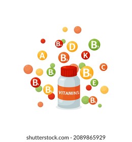 Multi vitamins bottle with abstract bubbles, flat vector illustration isolated on white background. Dietary supplement with essential minerals and vitamins.