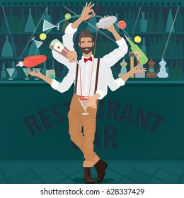 Multi-armed bartender hipster with red bow tie deftly prepares cocktail, simultaneously pours from bottle and shaker, juggles with glasses and other objects. Vector illustration