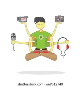 Multi-armed blogger, modern Internet user, personal channel, vector image, flat design