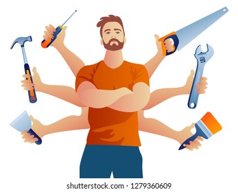 Multi-armed Builder repairman. Technical service vector illustration.