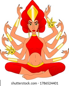 multi-armed goddess in red clothes and gold jewelry sitting in lotus position