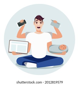A multi-armed, happy father with a laptop, a baby, a phone and a diary. Business father with a smiling face. Vector illustration.