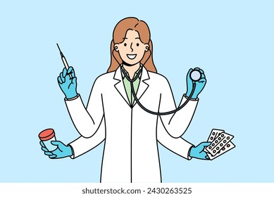 Multi-armed woman doctor is ready to simultaneously diagnose and treat patient who comes to clinic. Doctor with stethoscope and pills or syringe in hands smiles demonstrating high productivity