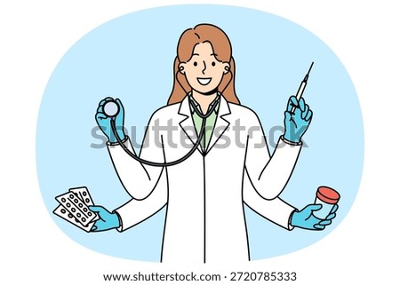 Multi-armed woman doctor is ready to simultaneously diagnose and treat patient who comes to clinic. Doctor with stethoscope and pills or syringe in hands smiles demonstrating high productivity