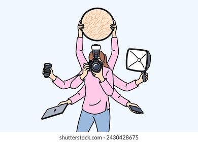 Multi-armed woman photographer does several things at same time due to lack of assistant or problems with planning. Professional photographer multitasking during photo shoot to increase productivity