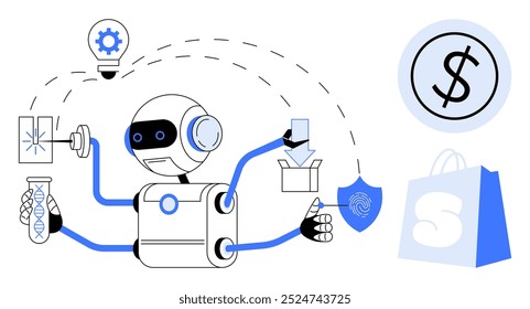 Un robot multibrazo realiza varias tareas como creatividad de bombillas, ciencia genética, entrega, seguridad, huellas dactilares, finanzas, dinero y compras. Ideal para tecnología, innovación, seguridad