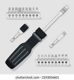 Multi-bit Screwdriver Head for Interchangeable Bits and Hex Shank Extension. Bits Holder with Replaceable Bits. Closeup Tool