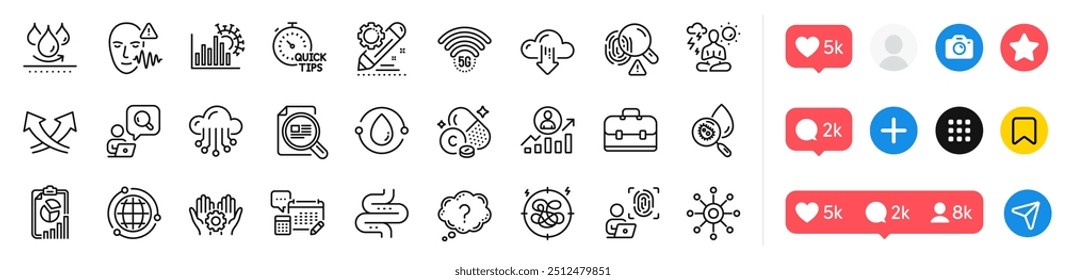 Paquete de iconos de línea de escalera multicanal, Cuenta y carrera. Iconos de redes sociales. Yoga, vitamina c, ícono de Web de huellas dactilares de computadora. Ver artículo, Impermeable, Pictograma de huellas dactilares. Vector