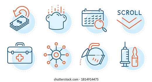 Multichannel, Cashback and Scroll down signs. Search calendar, First aid and Coffee pot line icons set. Medical vaccination, Cooking hat symbols. Find date, Medicine kit. Business set. Vector