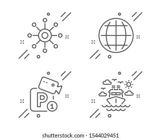 Multichannel, Globe And Parking Security Line Icons Set. Ship Travel Sign. Multitasking, Internet World, Video Camera. Cruise Transport. Business Set. Line Multichannel Outline Icon. Vector