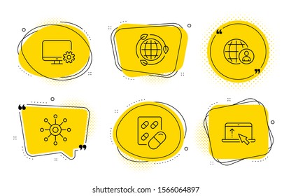 Multichannel, International recruitment and Swipe up signs. Chat bubbles. Monitor settings, Eco energy and Capsule pill line icons set. Service cogwheel, Ecology, Medicine drugs. Multitasking. Vector