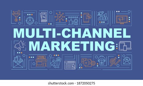 Banner de conceptos de palabras de marketing multicanal. Estrategia de promoción de marca. Experiencia de consumo. Infografía con iconos lineales sobre fondo turquesa. Tipografía aislada. Ilustración de color RGB del contorno del vector