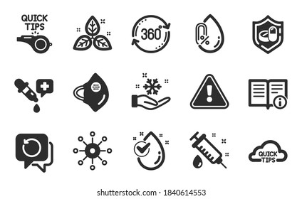 Multichannel, Medical syringe and Recovery data icons simple set. Full rotation, Tutorials and Water drop signs. Technical info, Medical tablet and No alcohol symbols. Flat icons set. Vector
