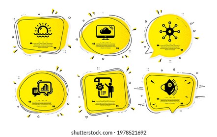 Multichannel, Settings blueprint and Graph chart icons simple set. Yellow speech bubbles with dotwork effect. Sunset, Cloud storage and Medical mask signs. Vector