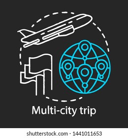 Multi-city trip chalk icon. Flights with multiple destinations. Vacation, tourism, tour. Airplane traveling. Airline ticket. City stopovers. Plane flying up. Isolated vector chalkboard illustration