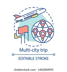 Multi-city trip concept icon. Flights with multiple destinations idea thin line illustration. Airplane traveling. Tourism, tour. Plane flying up. Vector isolated outline drawing. Editable stroke