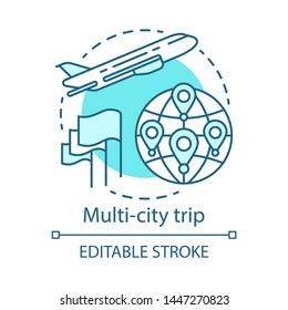 Multi-city trip concept icon. Flights with multiple destinations idea thin line illustration. Tourism, tour. Airplane traveling. Plane flying up. Vector isolated outline drawing. Editable stroke