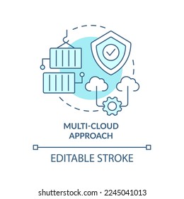 Multi-cloud approach turquoise concept icon. Data storage strategy. Computing abstract idea thin line illustration. Isolated outline drawing. Editable stroke. Arial, Myriad Pro-Bold fonts used