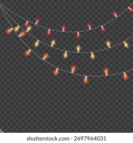 Guirnalda de luces de cadena de Navidades multicolor aislada sobre fondo transparente