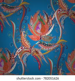 Multicoloblue, orange and neutral elegant little flowers and funny bugs on a blue, orange and neutral colors, vector texture, illustration.