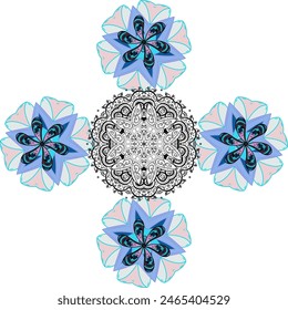 Multicologray, blue and white elegant little flowers and funny bugs on a gray, blue and white colors, vector texture, illustration.
