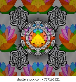 Multicologray, orange and black elegant little flowers and funny bugs on a gray, orange and black colors, vector texture, illustration.