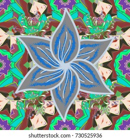 Multicoloneutral, green and gray elegant little flowers and funny bugs on a neutral, green and gray colors, vector texture, illustration.