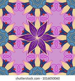 Multicoloneutral, yellow and blue elegant little flowers and funny bugs on a neutral, yellow and blue colors, vector texture, illustration.