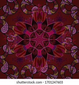 Multicolopink, black and red elegant little flowers and funny bugs on a pink, black and red colors, vector texture, illustration.