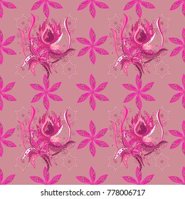 Multicolopink, magenta and purple elegant little flowers and funny bugs on a pink, magenta and purple colors, vector texture, illustration.